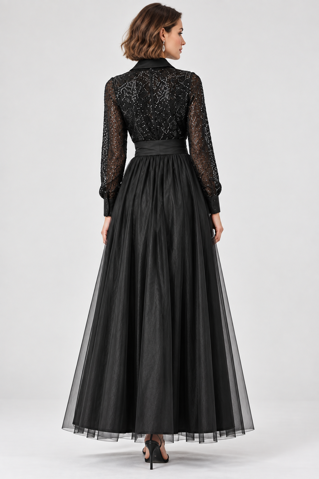 women's black sequin mesh and dupioni maxi dress