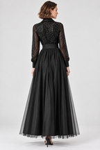women's black sequin mesh and dupioni maxi dress