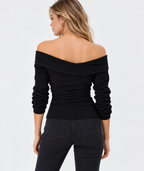 women's black linen cotton rib knit off shoulder wrap top