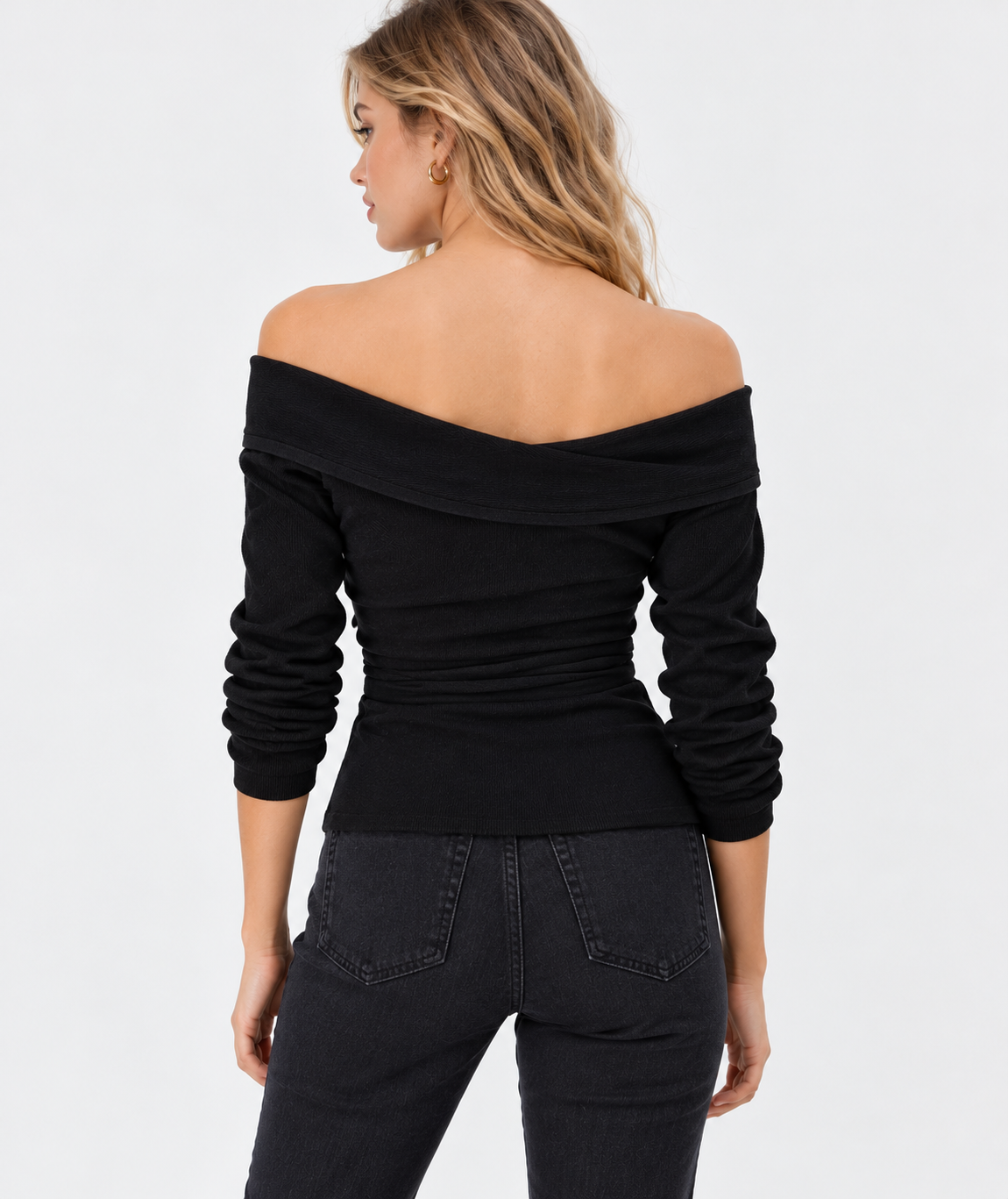women's black linen cotton rib knit off shoulder wrap top