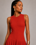 Red Viscose Rib-Knit Mini Dress