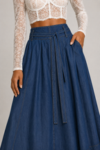 Blue Belted Denim Midi Skirt