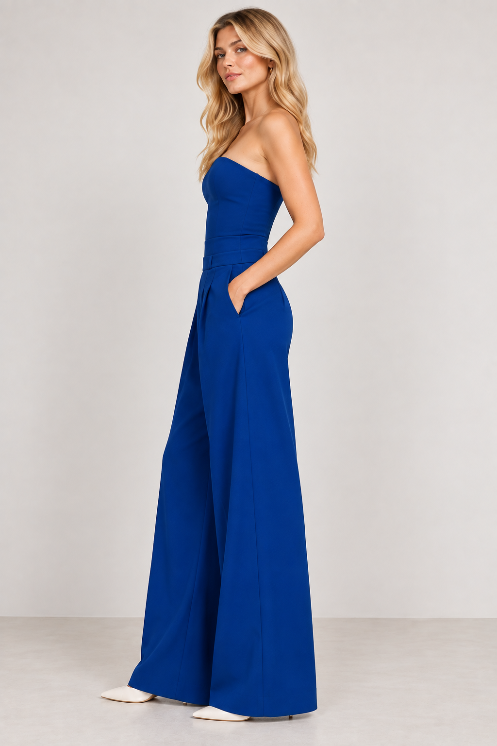 Women’s Blue Polyester Strapless Wide-Leg Jumpsuit