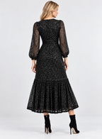 Black Sequin Mesh Long Sleeve Tiered Midi Dress