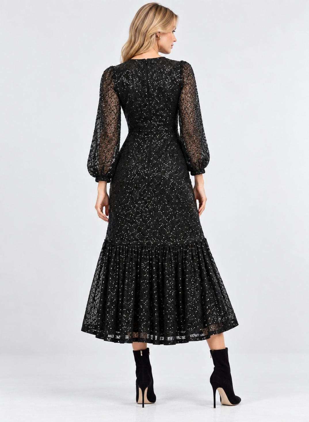 Black Sequin Mesh Long Sleeve Tiered Midi Dress