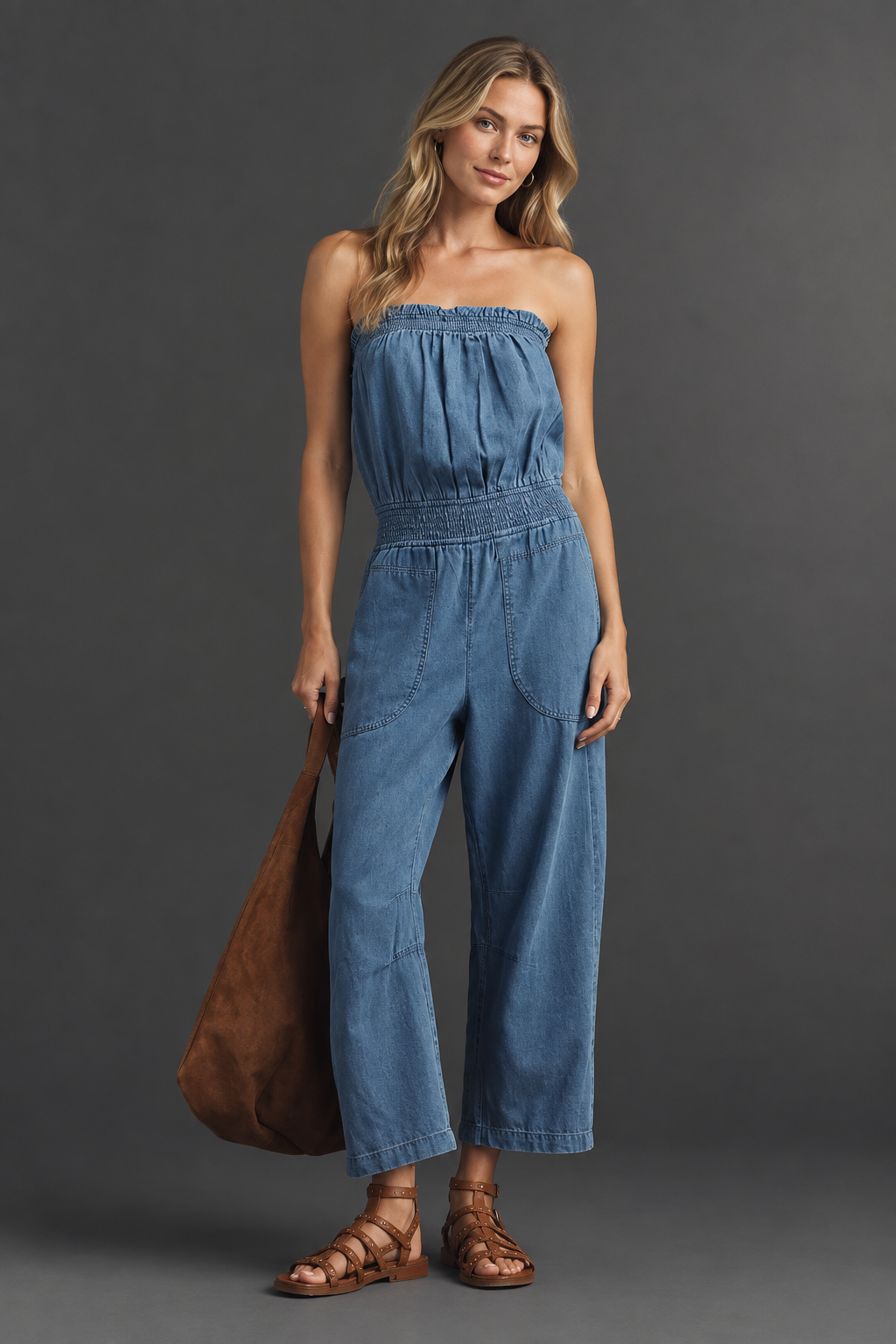 women's blue denim strapless wide-leg jumpsuit