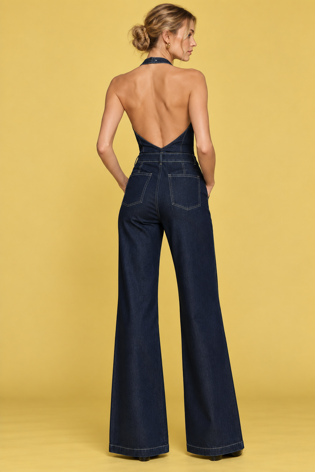 women's dark blue denim halter neck wide-leg jumpsuit