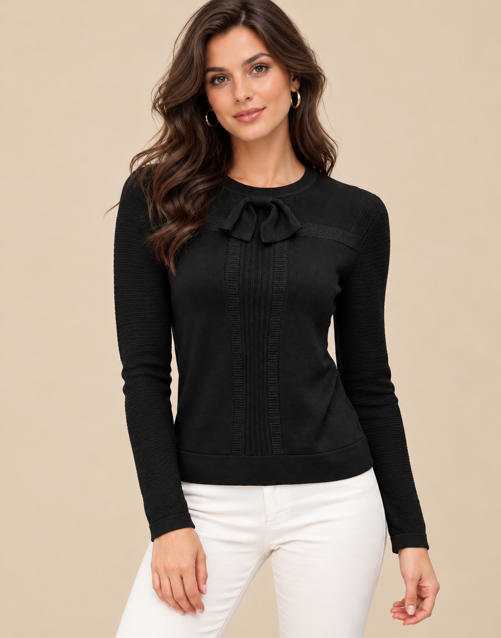 Women's Black Modal Cotton Rib Knit Sweater with Bow Detail