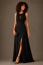Black French Crepe Sleeveless Sweetheart Neck Maxi Dress with Front Slit