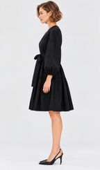 women’s black rayon crinkle V-neck tiered mini dress