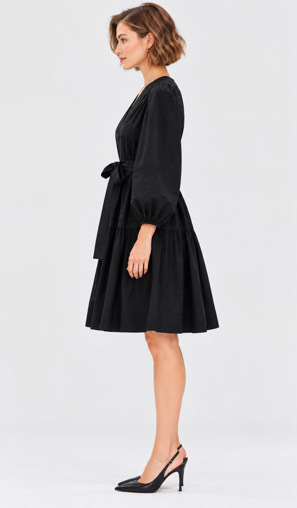 women’s black rayon crinkle V-neck tiered mini dress
