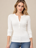 Women's White Wool Rib Knit Sweater with Button-Front Henley Neckline