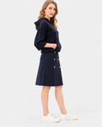 Women's Navy Blue Wool Knit Hoodie with Gold Button Skirt Set