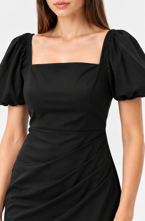 Cotton Satin Square Neck Puff Sleeve Midi Dress