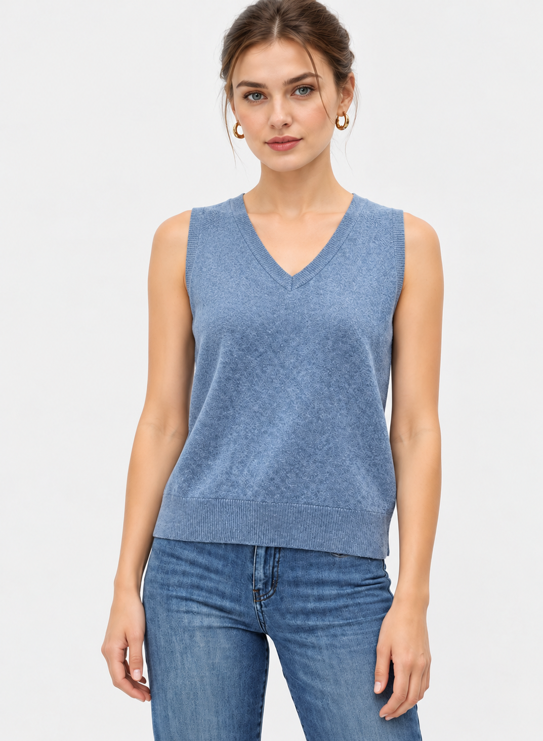 women's blue linen cotton v-neck sweater