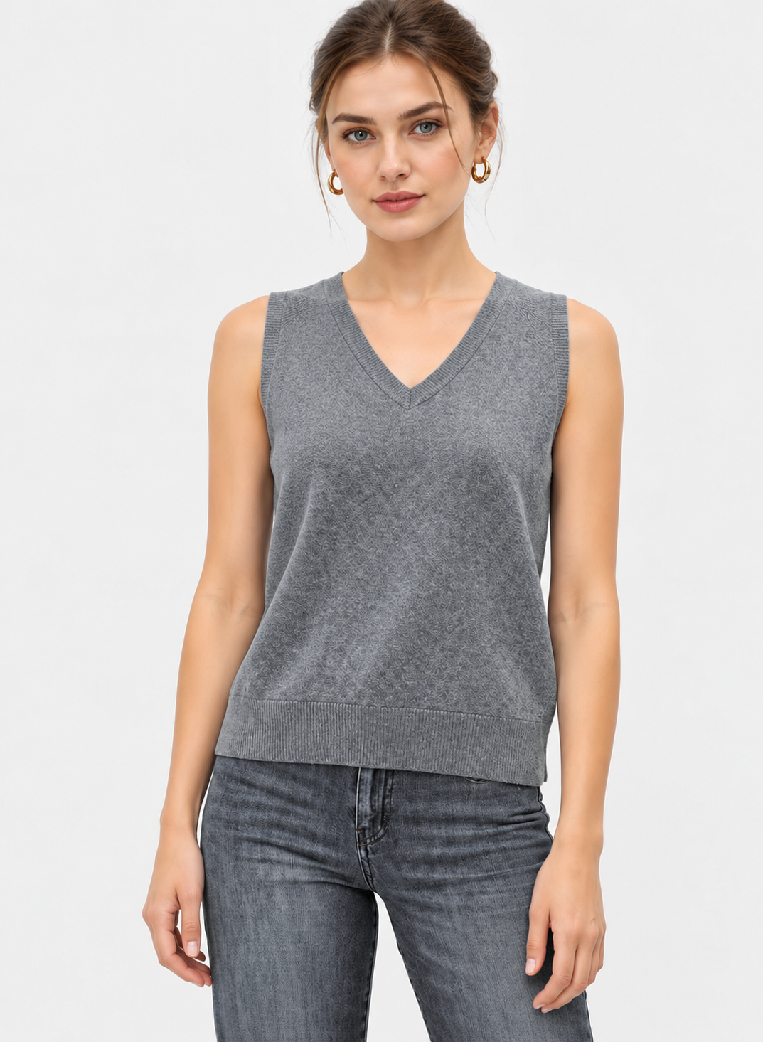women's grey linen cotton V-neck sweater