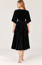 Black Velvet Wrap Style Midi Dress