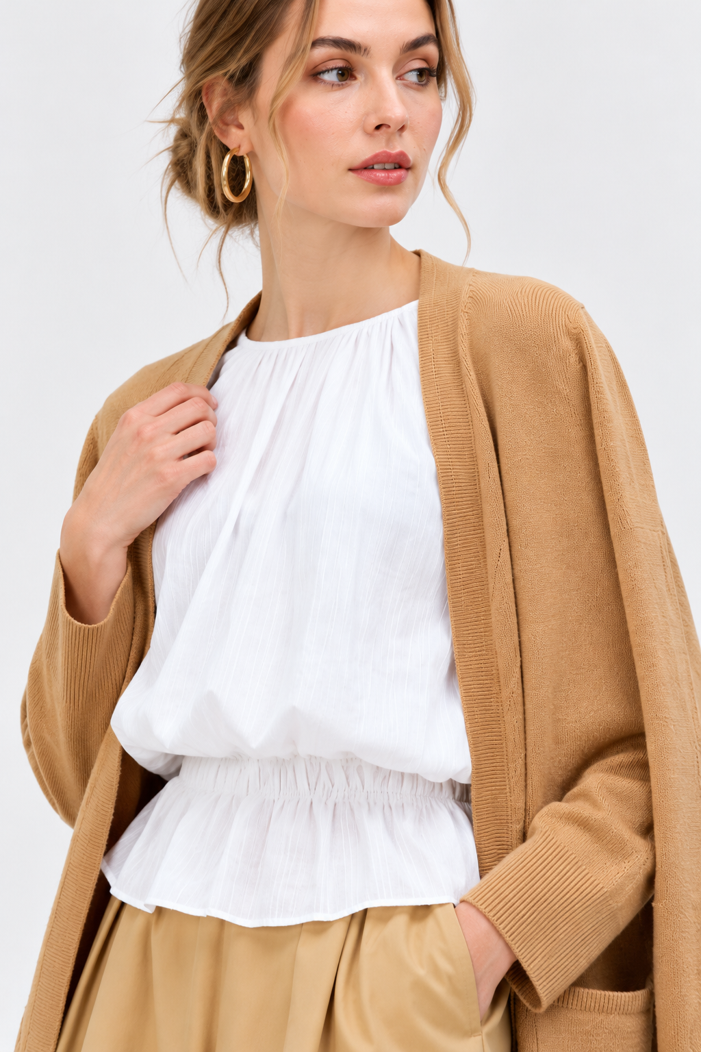women's camel brown wool blend open-front cardigan with long sleeves and pockets
