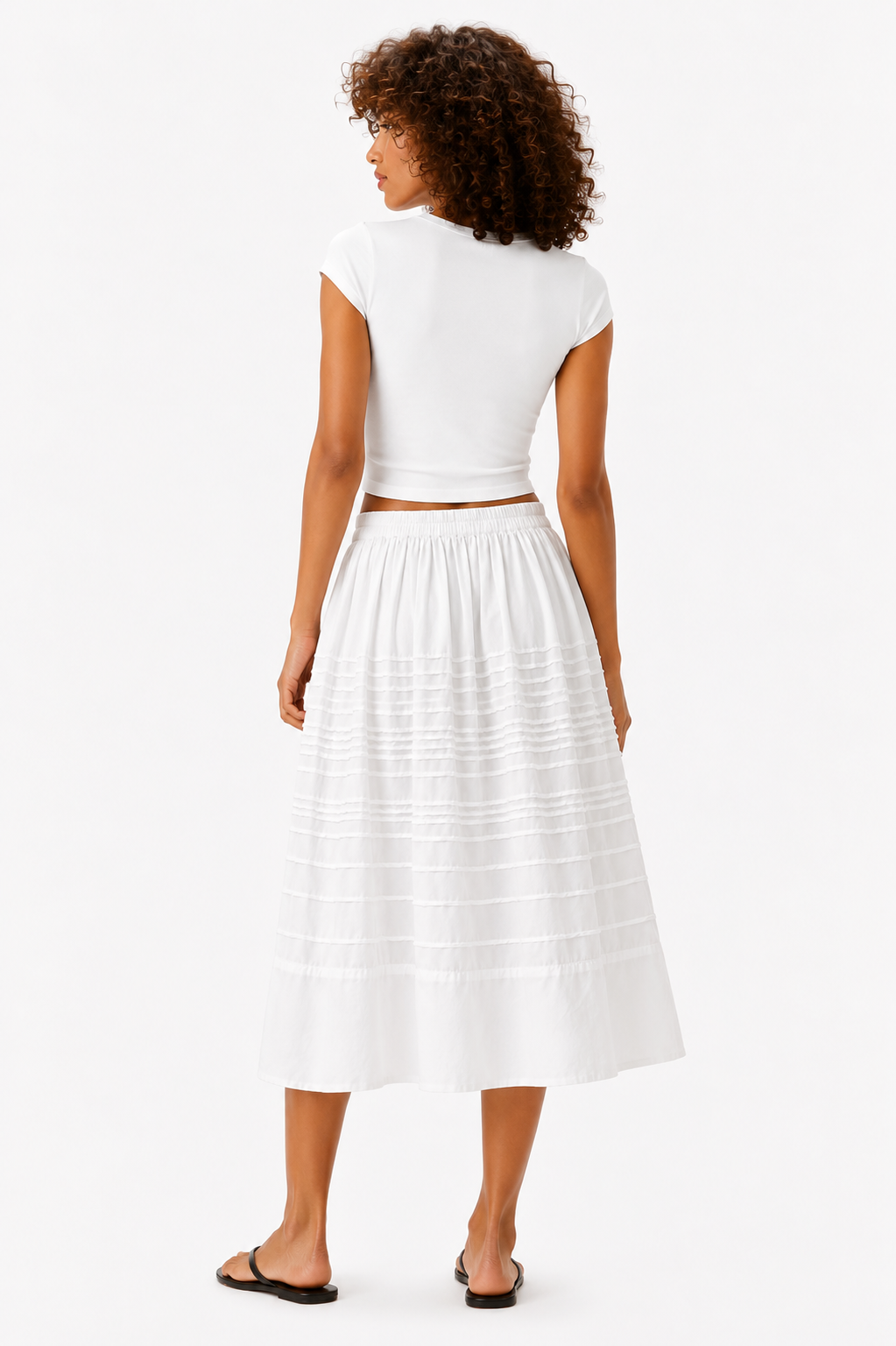 White Pintuck A-Line Midi Skirt