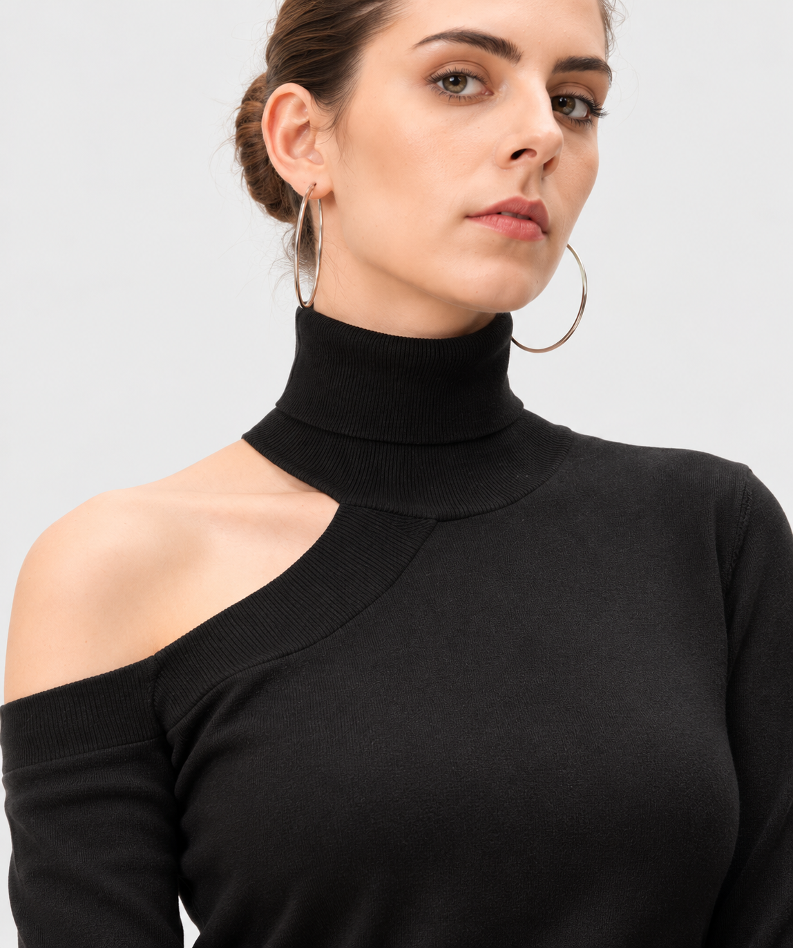 women's black cotton modal rib knit asymmetrical turtleneck top