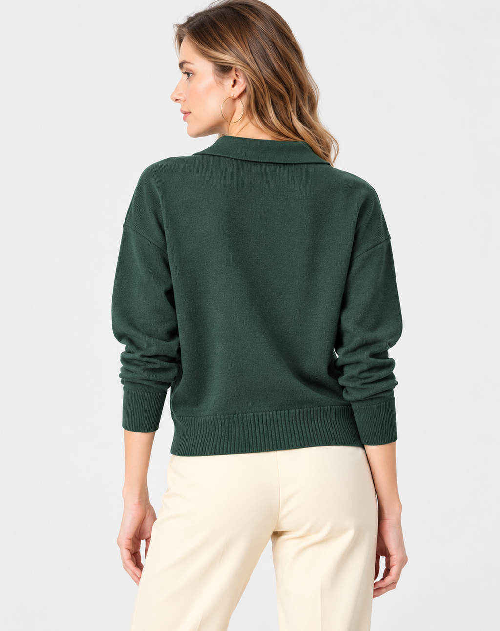 women's dark green jersey knit sweater with polo collar and ribbed cuffs