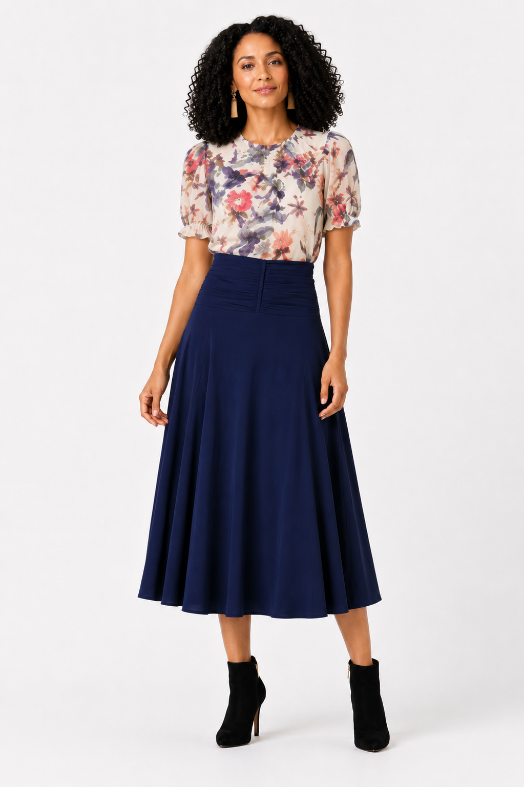 Navy High-Waisted Flared Midi Skirt