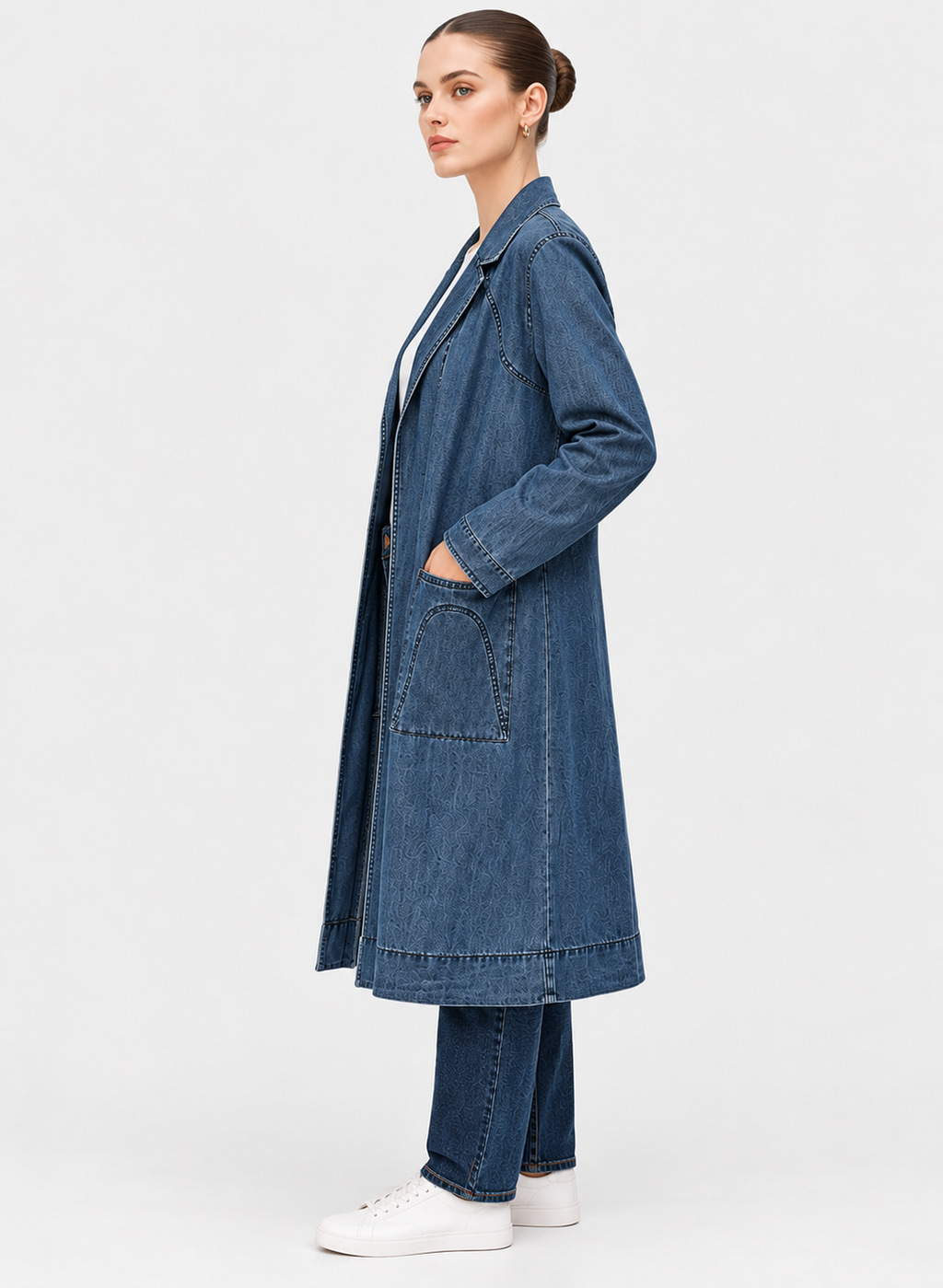 Women's Blue Denim Longline Coat with Contrast Stitching & Patch Pockets | Casual Long Denim Jacket