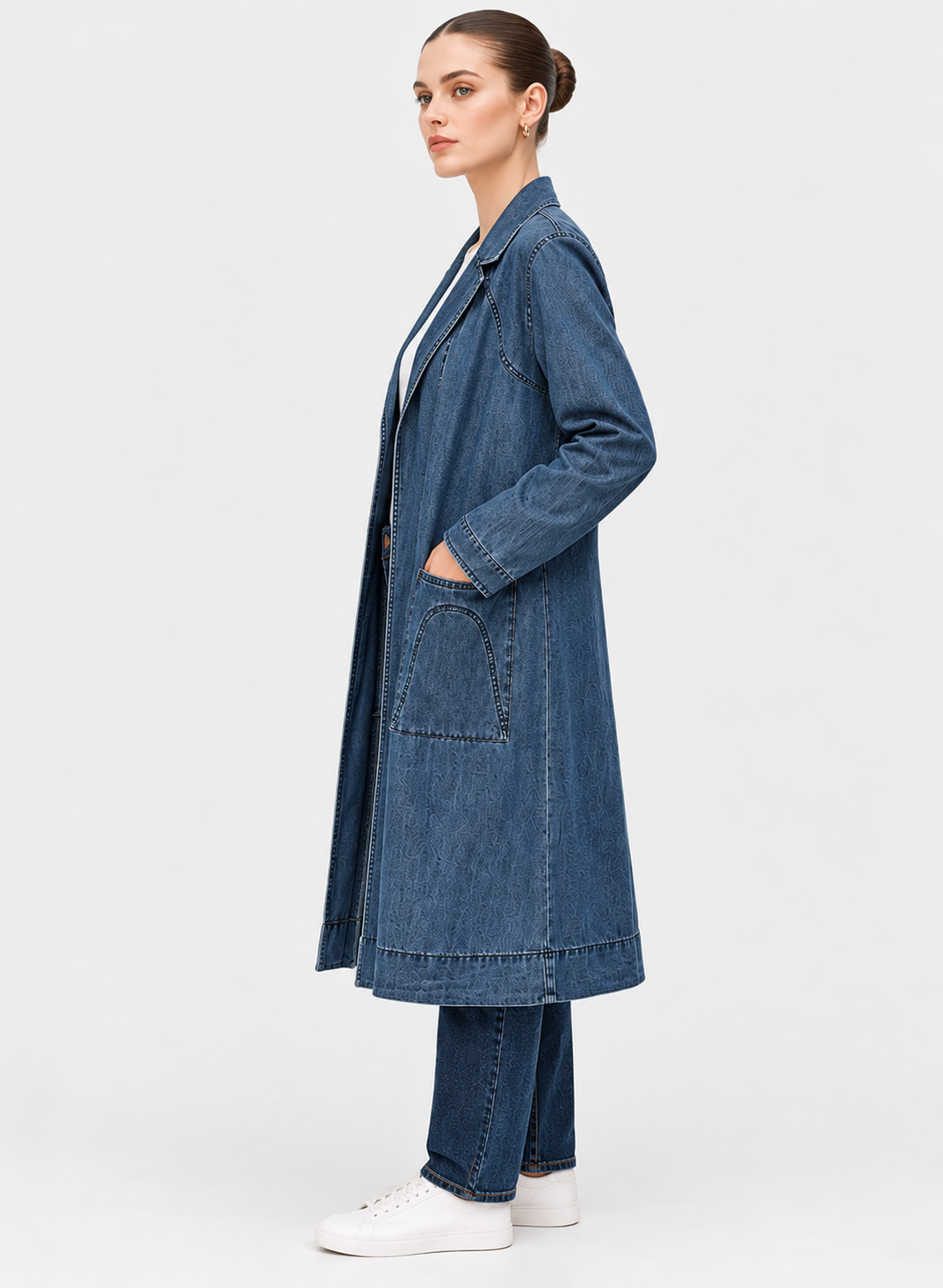 Women's Blue Denim Longline Coat with Contrast Stitching & Patch Pockets | Casual Long Denim Jacket