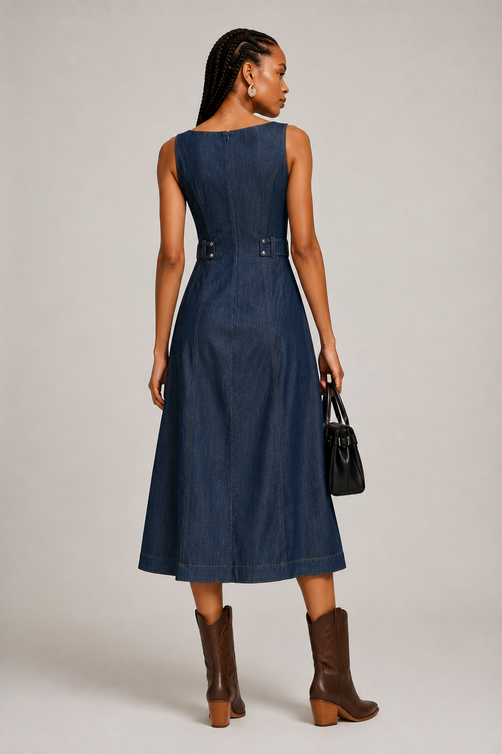 Indigo Denim Look Sleeveless Midi Dress