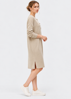 women's beige linen cotton rib knit button-front dress with three-quarter sleeves