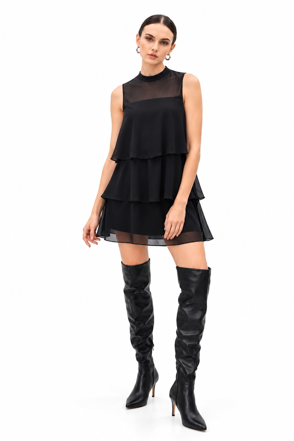 Black Poly Chiffon Layered Mini Dress
