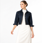 Women's Dark Blue Denim Cropped Jacket with Button Front and Turn-Up Sleeves