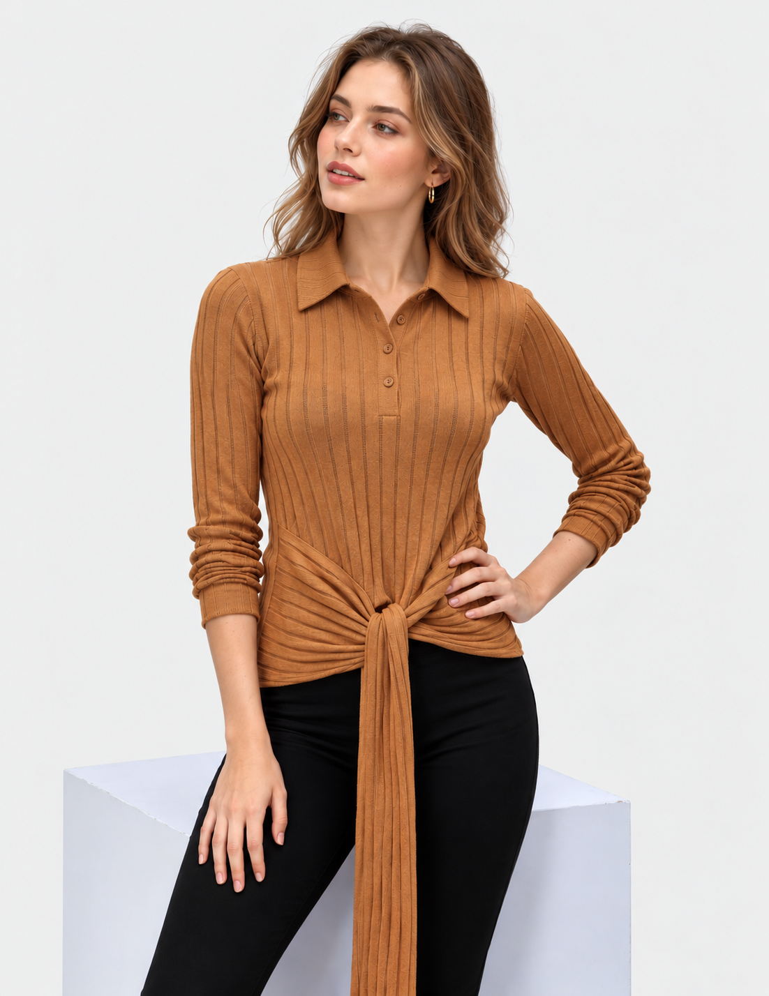 women's camel brown linen cotton rib knit collared tie-front top