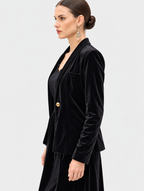 Women's Black Velvet Blazer Jacket with Gold Button | Elegant Long Sleeve Formal Blazer