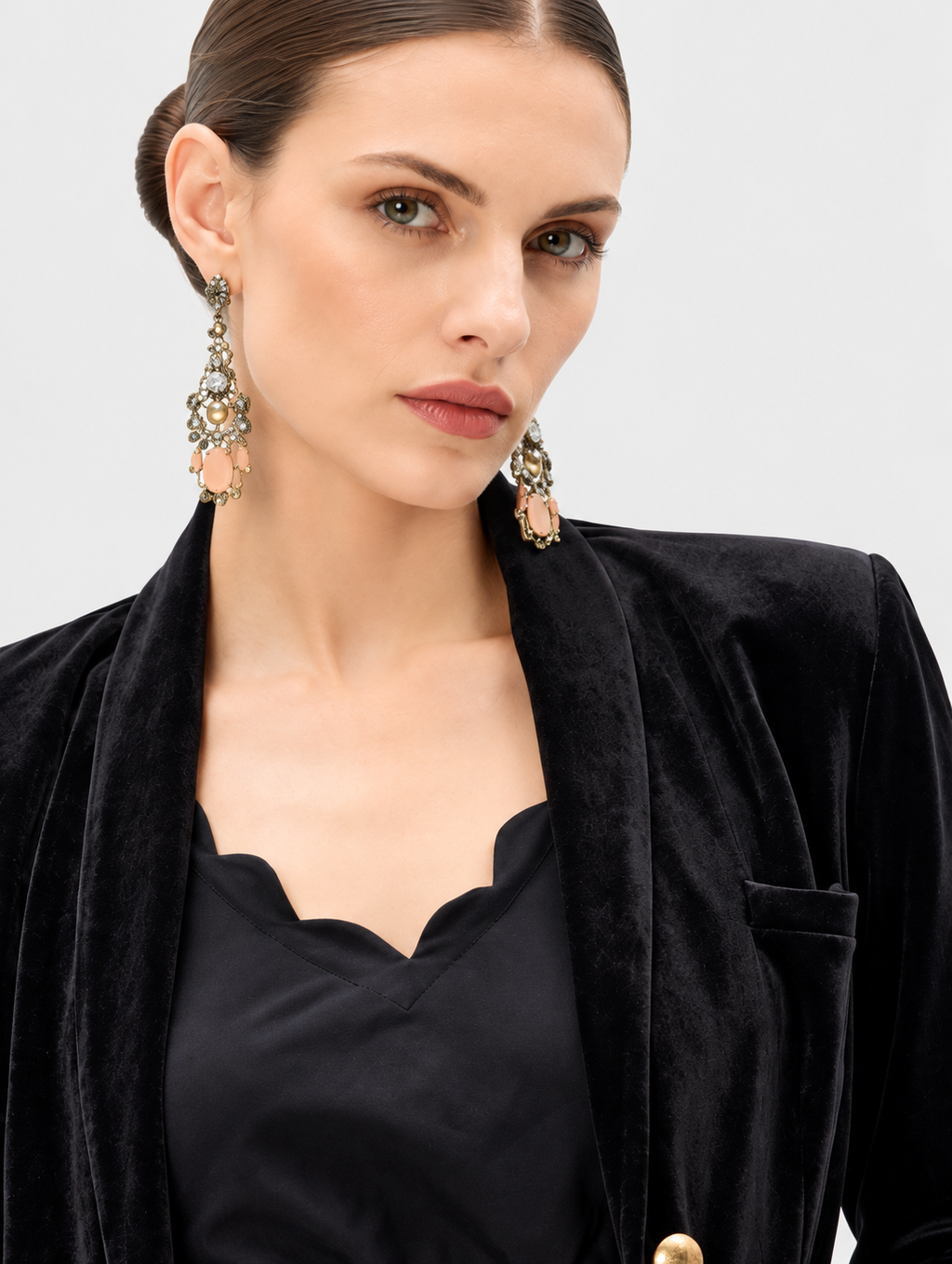 Women's Black Velvet Blazer Jacket with Gold Button | Elegant Long Sleeve Formal Blazer