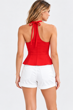 Women’s Red Polyester Halter Peplum Top