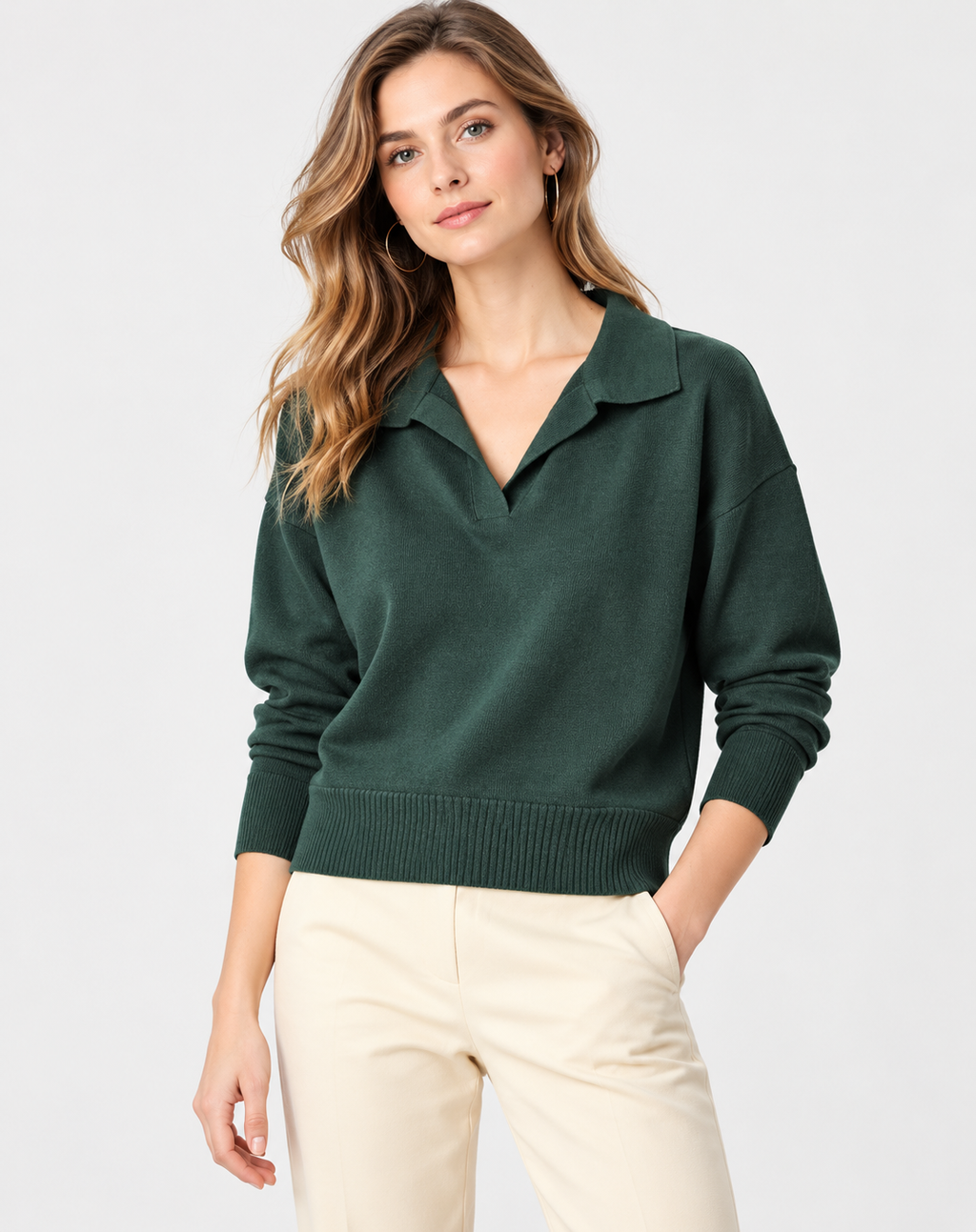 women's dark green jersey knit sweater with polo collar and ribbed cuffs