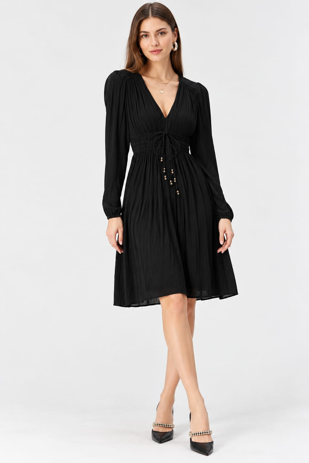 Rayon Crinkle V-Neck Long Sleeve Fit & Flare Dress