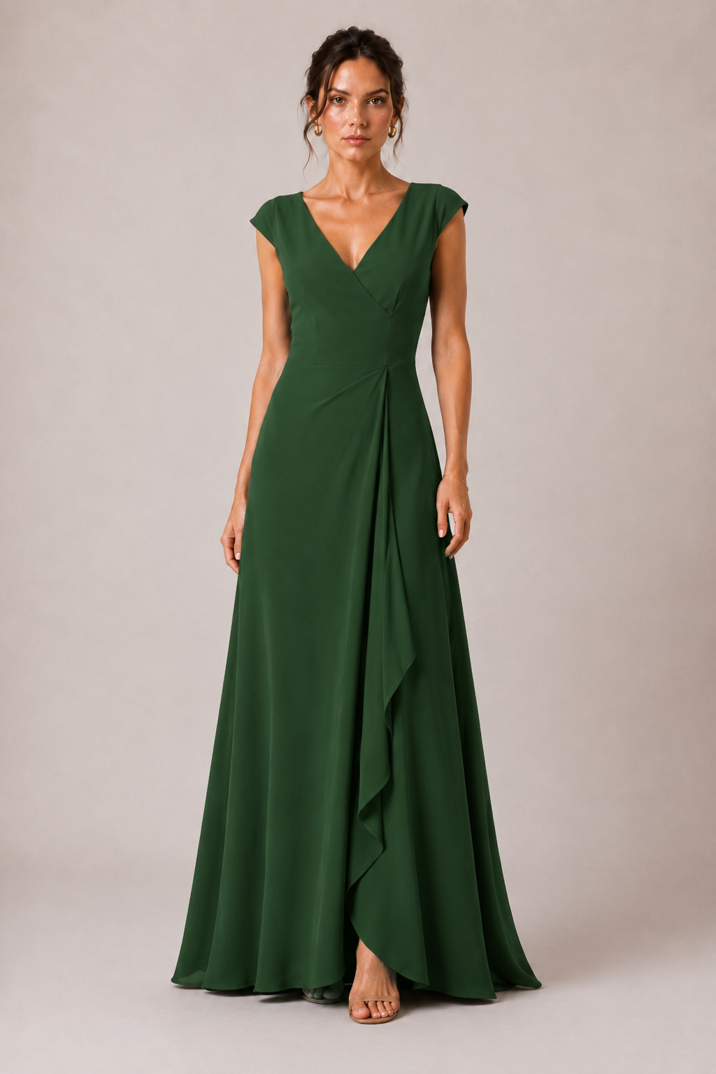 Dark Green Heavy Crepe Wrap-Style Maxi Dress with V-Neck and Ruffle Detail