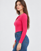 Pink Cotton Rib Knit Twist Front Sweater for Women
