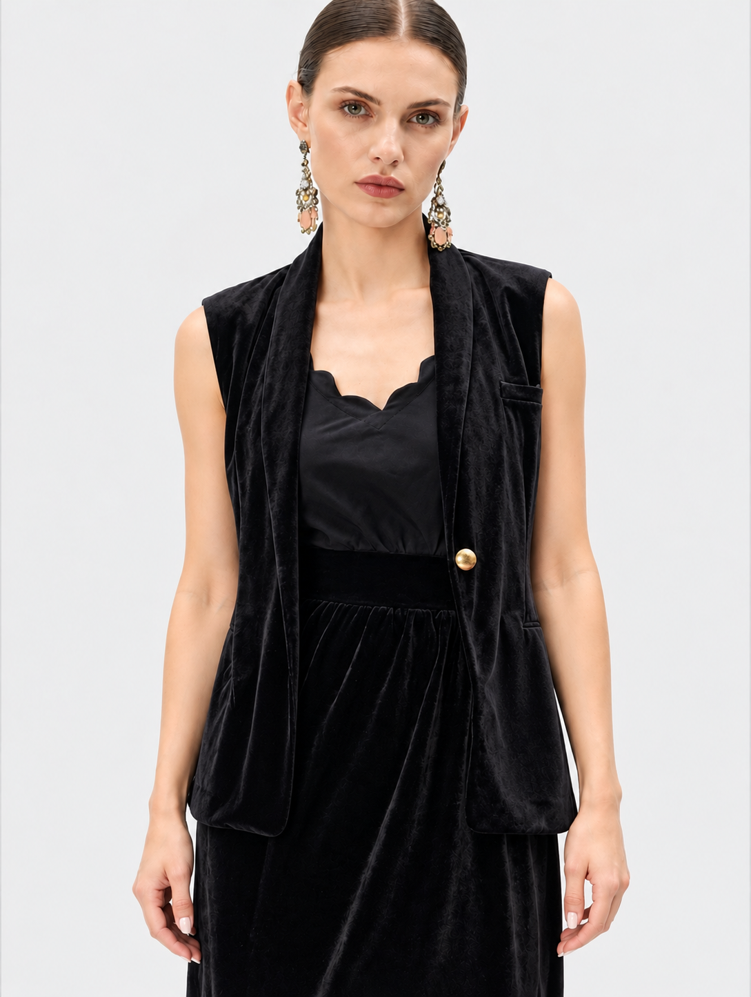 Women's Black Velvet Blazer Jacket with Gold Button | Elegant Long Sleeve Formal Blazer