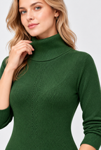 Women's Green Cotton Blend Rib Knit Turtleneck Midi Dress