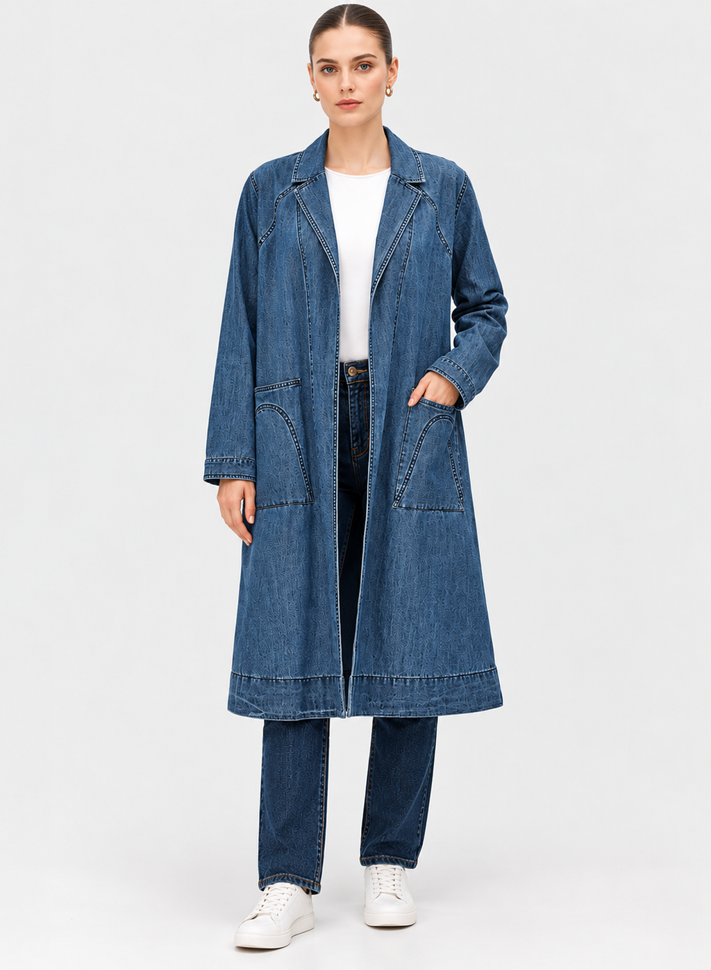 Women's Blue Denim Longline Coat with Contrast Stitching & Patch Pockets | Casual Long Denim Jacket