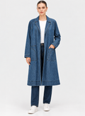 Women's Blue Denim Longline Coat with Contrast Stitching & Patch Pockets | Casual Long Denim Jacket