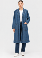 Women's Blue Denim Longline Coat with Contrast Stitching & Patch Pockets | Casual Long Denim Jacket