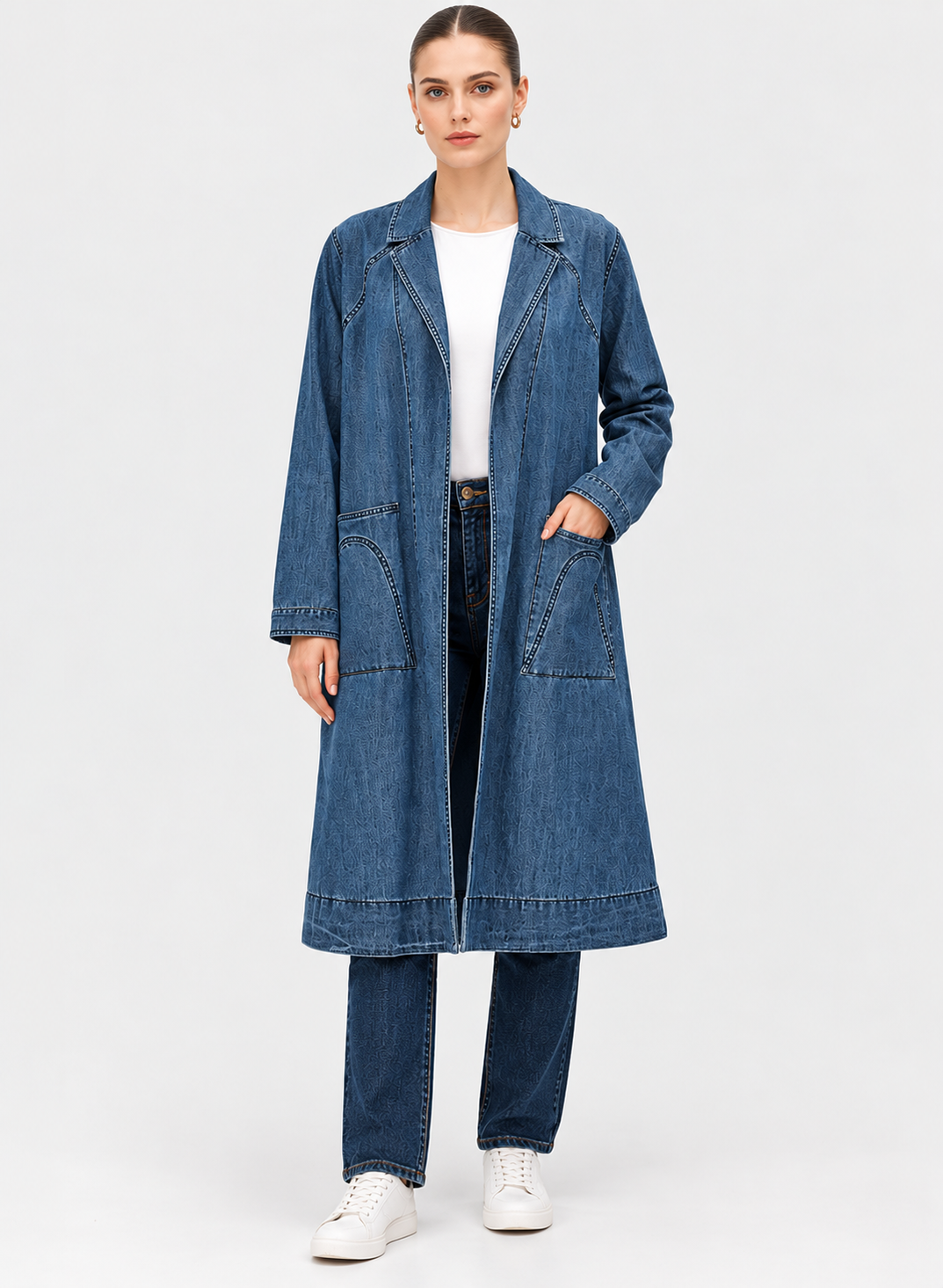 Women's Blue Denim Longline Coat with Contrast Stitching & Patch Pockets | Casual Long Denim Jacket
