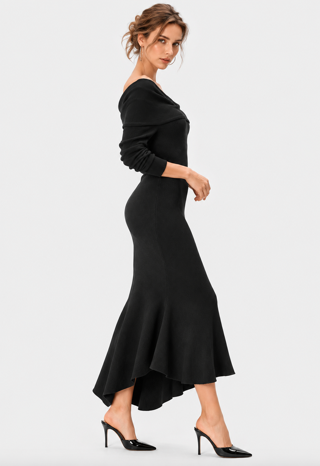 women's black wool blend rib knit off shoulder midi dress