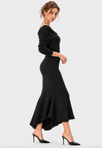 women's black wool blend rib knit off shoulder midi dress