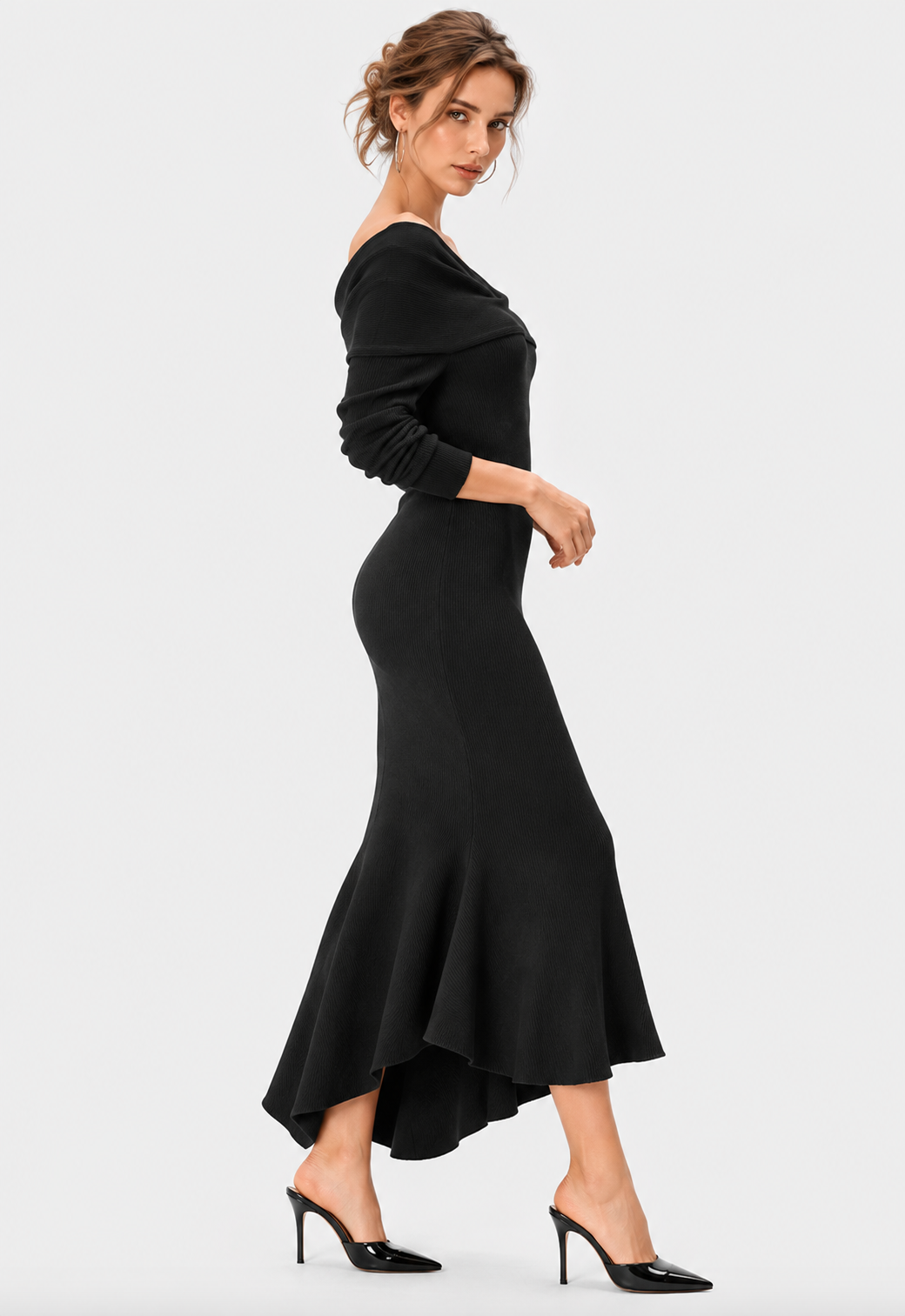women's black wool blend rib knit off shoulder midi dress