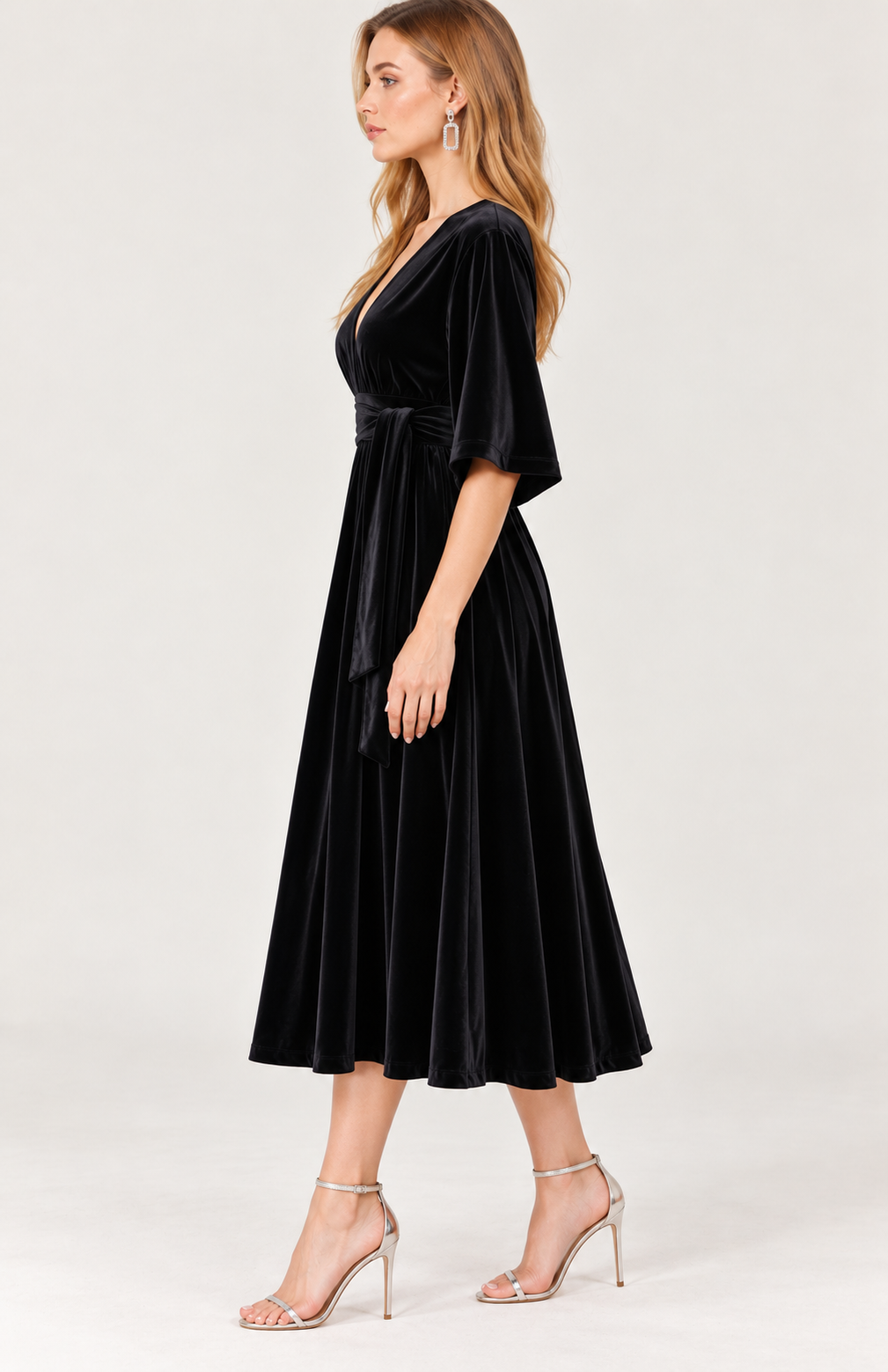 Black Velvet Wrap Style Midi Dress